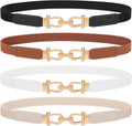 4 Pack Women Skinny Elastic Belts Gold Buckle Thin Stretchy Waist Belts for Dresses