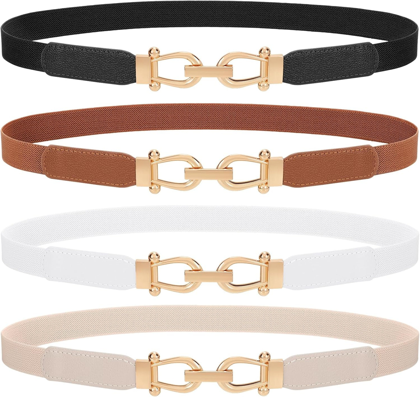 4 Pack Women Skinny Elastic Belts Gold Buckle Thin Stretchy Waist Belts for Dresses