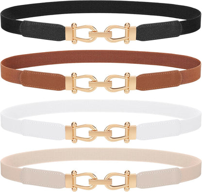 4 Pack Women Skinny Elastic Belts Gold Buckle Thin Stretchy Waist Belts for Dresses