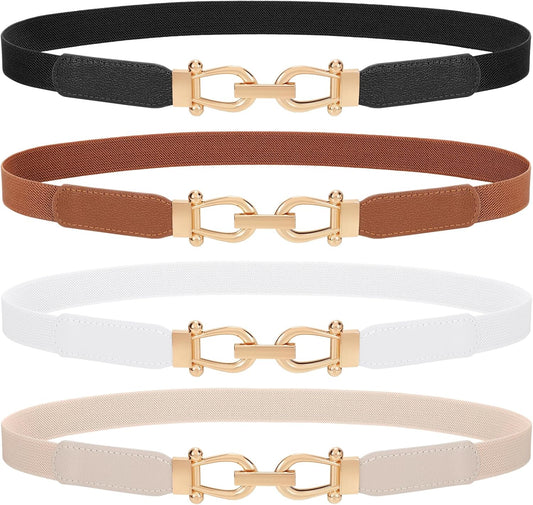 4 Pack Women Skinny Elastic Belts Gold Buckle Thin Stretchy Waist Belts for Dresses