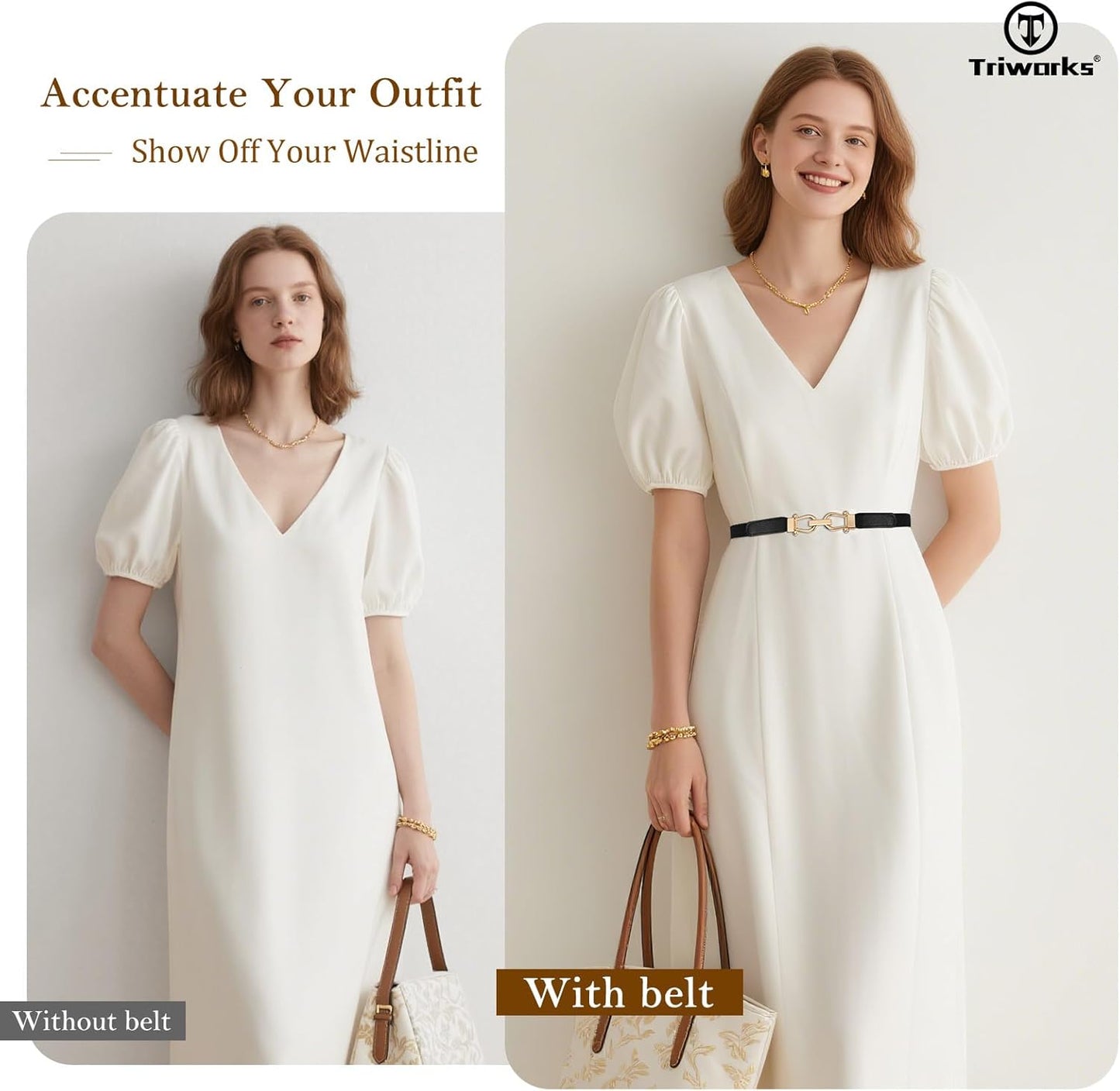 4 Pack Women Skinny Elastic Belts Gold Buckle Thin Stretchy Waist Belts for Dresses