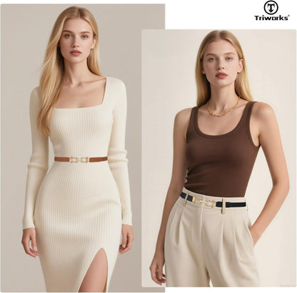 4 Pack Women Skinny Elastic Belts Gold Buckle Thin Stretchy Waist Belts for Dresses