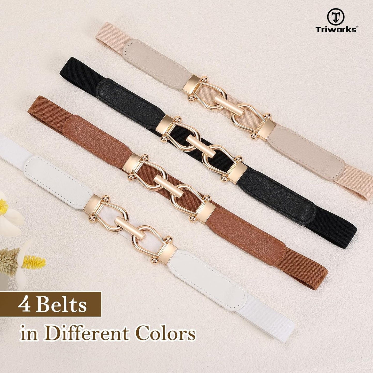 4 Pack Women Skinny Elastic Belts Gold Buckle Thin Stretchy Waist Belts for Dresses