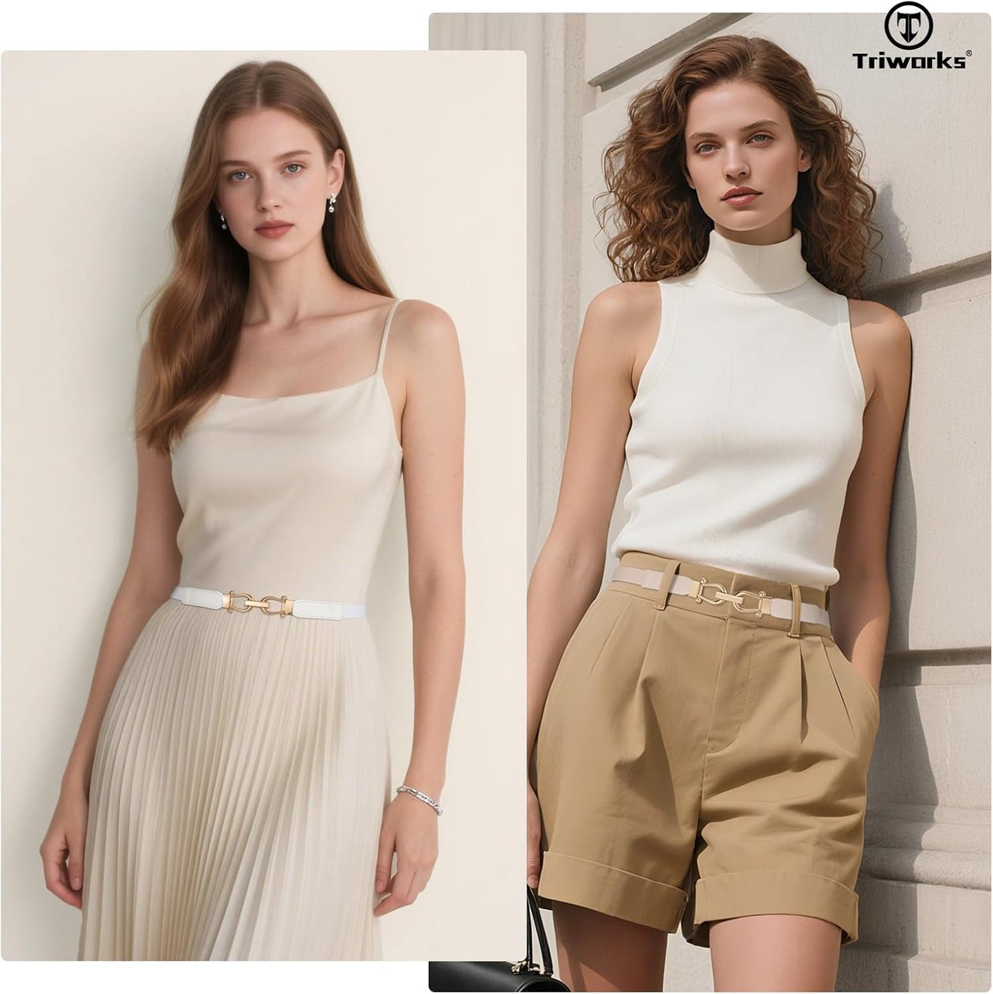 4 Pack Women Skinny Elastic Belts Gold Buckle Thin Stretchy Waist Belts for Dresses