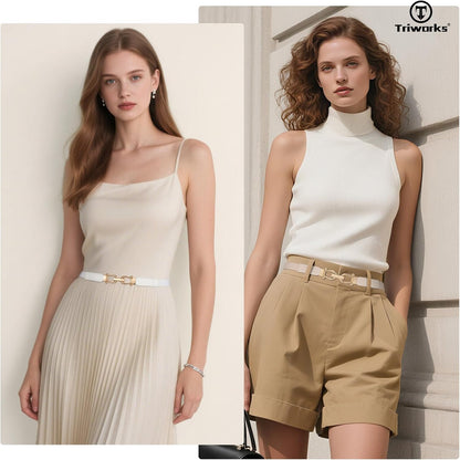 4 Pack Women Skinny Elastic Belts Gold Buckle Thin Stretchy Waist Belts for Dresses