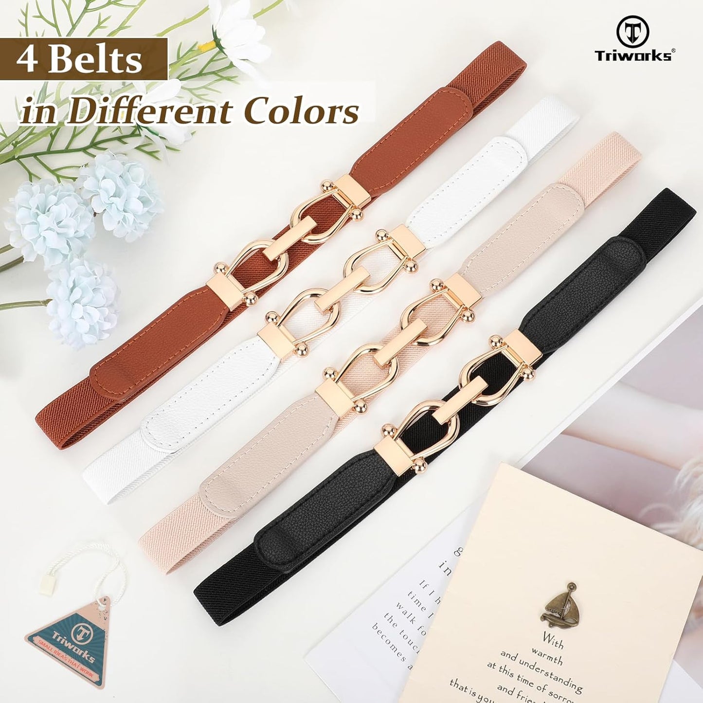 4 Pack Women Skinny Elastic Belts Gold Buckle Thin Stretchy Waist Belts for Dresses