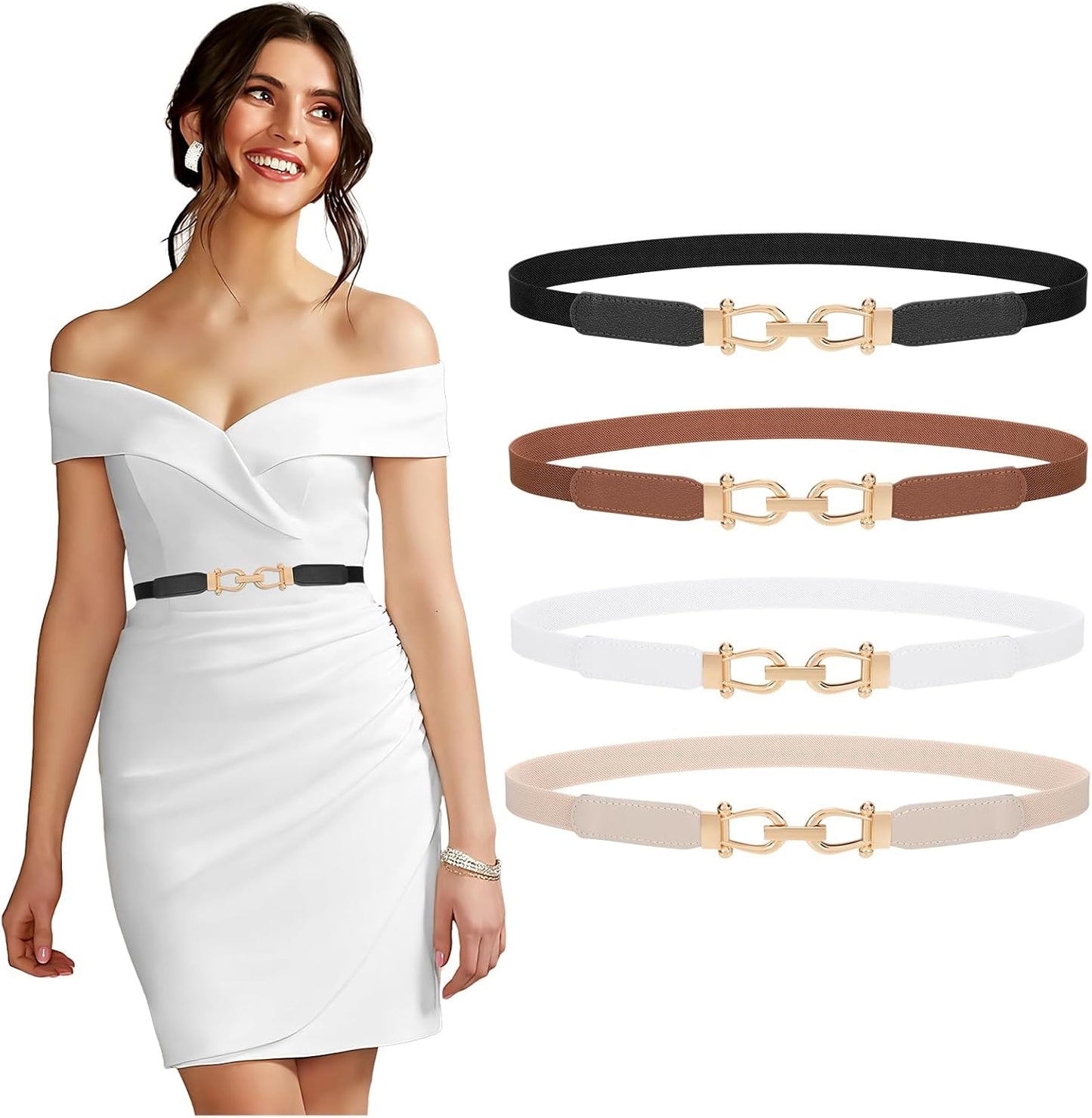 4 Pack Women Skinny Elastic Belts Gold Buckle Thin Stretchy Waist Belts for Dresses