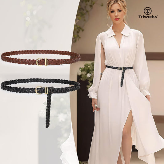 2 Pack Women's Skinny Braided Leather Belts Thin Woven Waist Belts for Jeans Pants Dresses