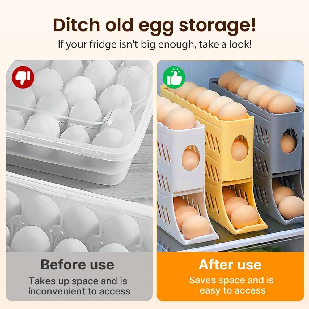 2026 Egg Holder for Fridge, Upgraded 4 Tiers Automatic Rolling Egg Dispenser, No Assembly Required Easy Access, Save Space for Refrigerator Holds up to 30 pcs (White)