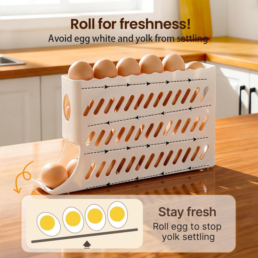 2026 Egg Holder for Fridge, Upgraded 4 Tiers Automatic Rolling Egg Dispenser, No Assembly Required Easy Access, Save Space for Refrigerator Holds up to 30 pcs (White)