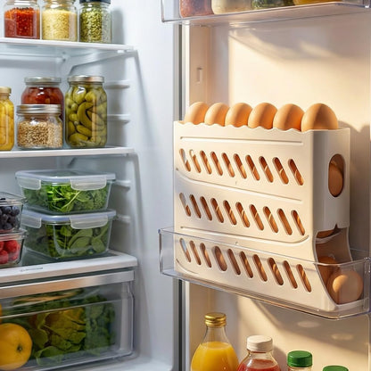 2026 Egg Holder for Fridge, Upgraded 4 Tiers Automatic Rolling Egg Dispenser, No Assembly Required Easy Access, Save Space for Refrigerator Holds up to 30 pcs (White)