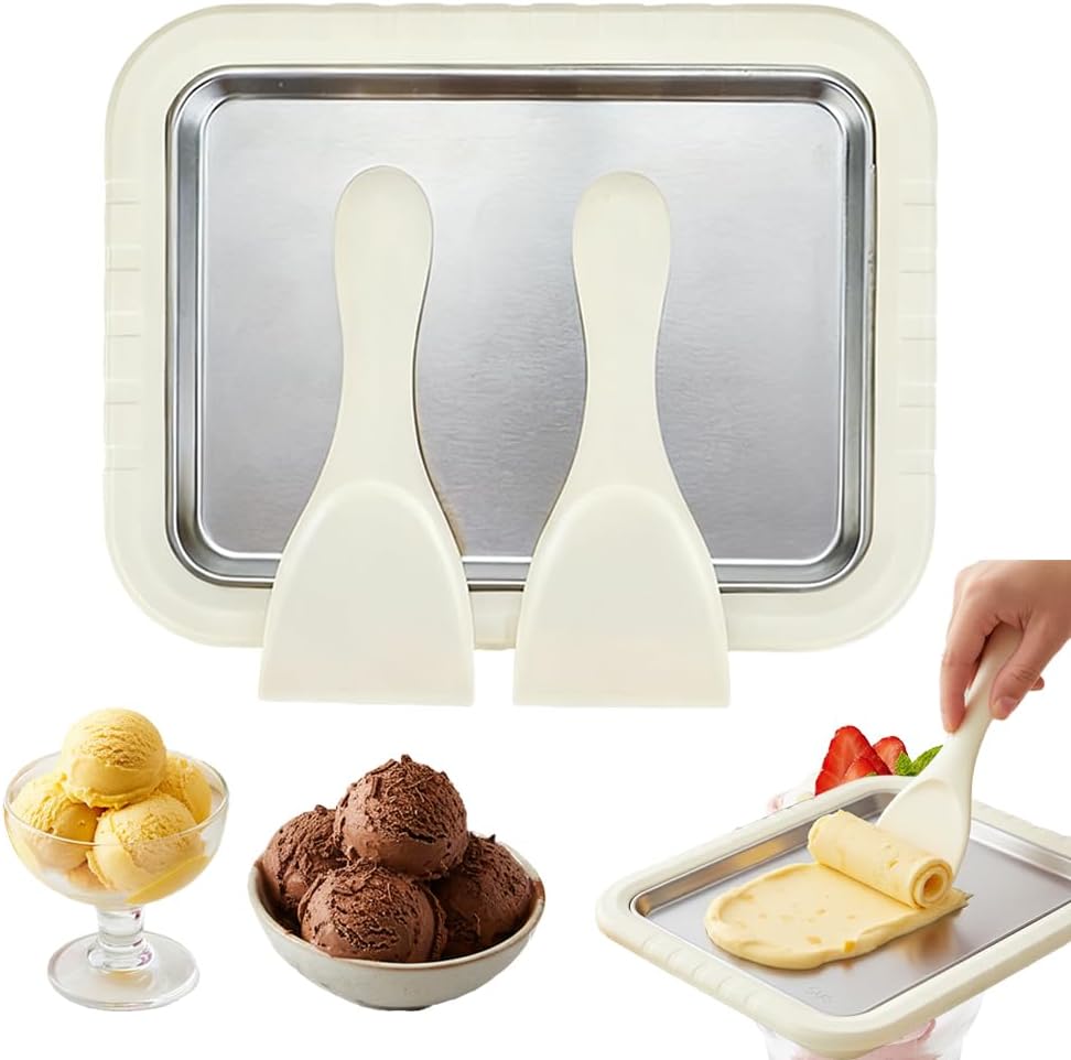 Rolled Ice Cream Maker Kit, 2026 New Stainless Steel Freeze Plate with 2 Scrapers, DIY Stir Fried Ice Cream Tray for Homemade Desserts, Perfect for Family Fun & Parties (White)