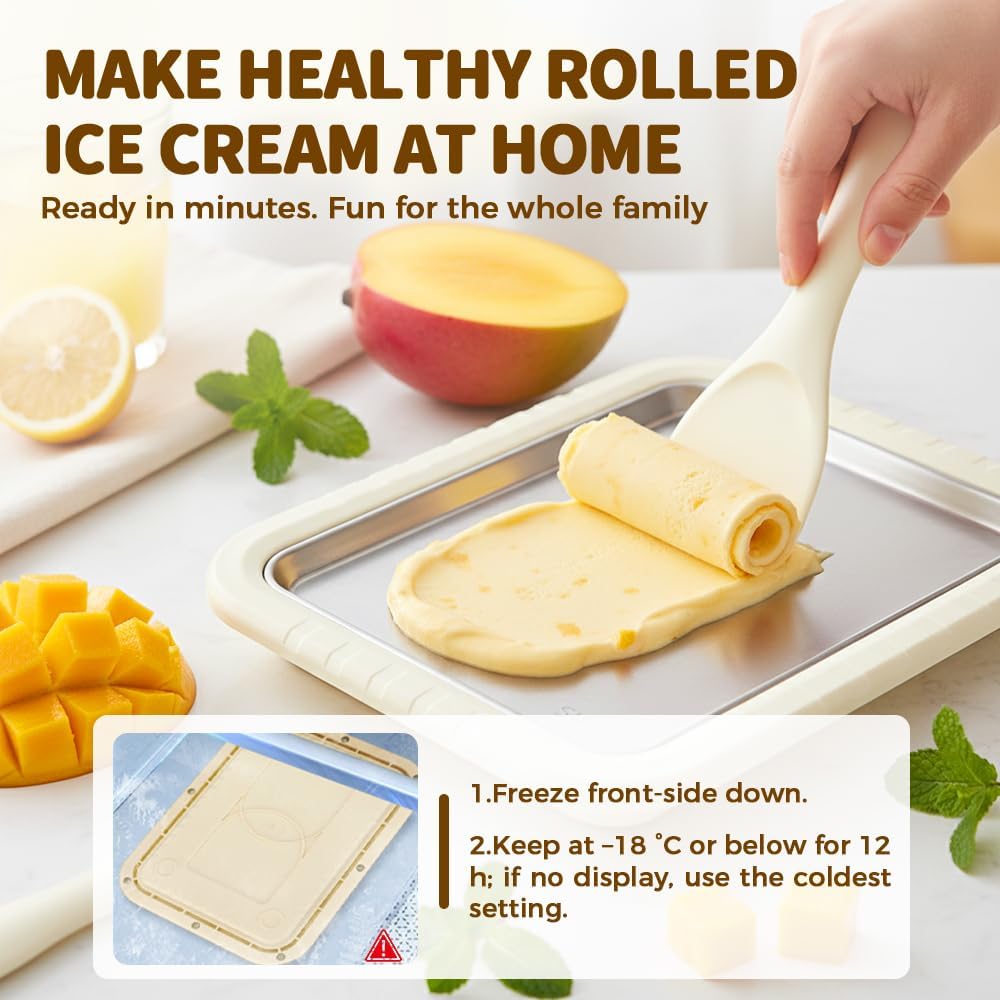 Rolled Ice Cream Maker Kit, 2026 New Stainless Steel Freeze Plate with 2 Scrapers, DIY Stir Fried Ice Cream Tray for Homemade Desserts, Perfect for Family Fun & Parties (White)