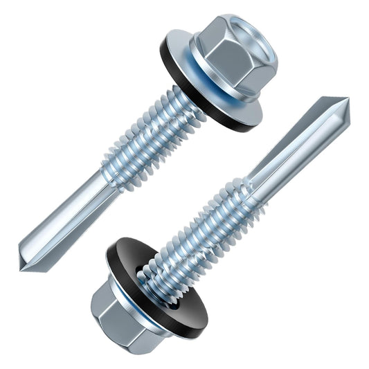 (300pcs) #12X1-1/4 Extended Hexagonal self-Tapping zinc-Plated Screws with Rubber washers,10mm Steel Plate can be drilled