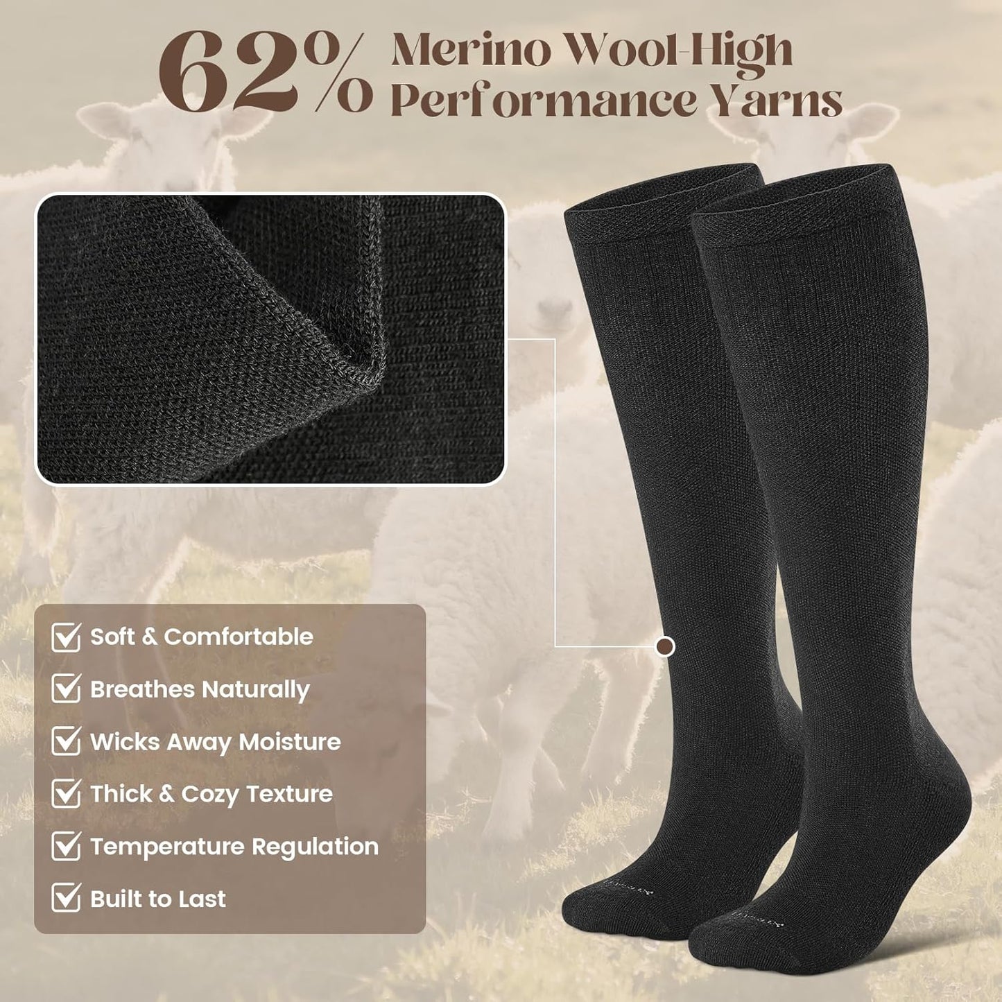 Thick Merino Wool Compression Socks for Women and Men 20-30mmHg Knee High Support Socks for Flying Nurses Pregnancy