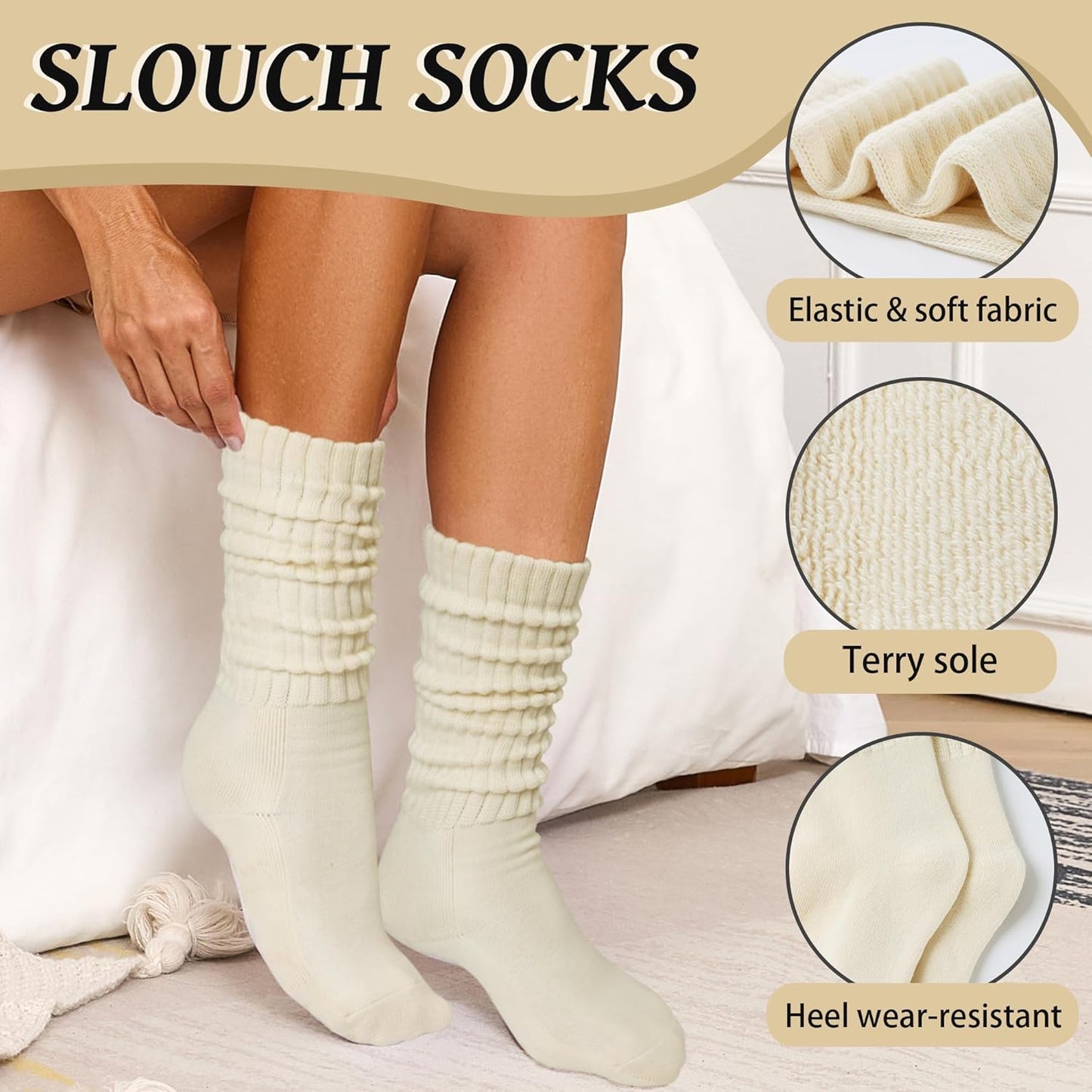 Women's Slouch Socks Long Boot Scrunch Sock Soft Cotton Knit Cozy Socks 3 Pairs