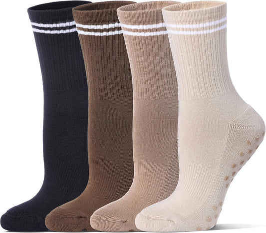 Pilates Grippy Socks for Women Striped Crew Cotton Chioned Non-Slip Yoga Barre Workout Socks 4 Pairs