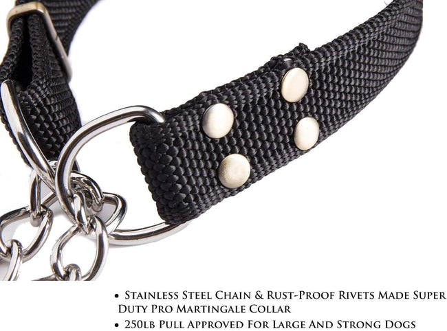 Stainless Steel Nylon Chain Martingale Collar Comfort Heavy Duty Large Dog Collar Escape Perfect for Training Walking Running and High Activities 250lb Pull Proved (Large, Black) Main Image