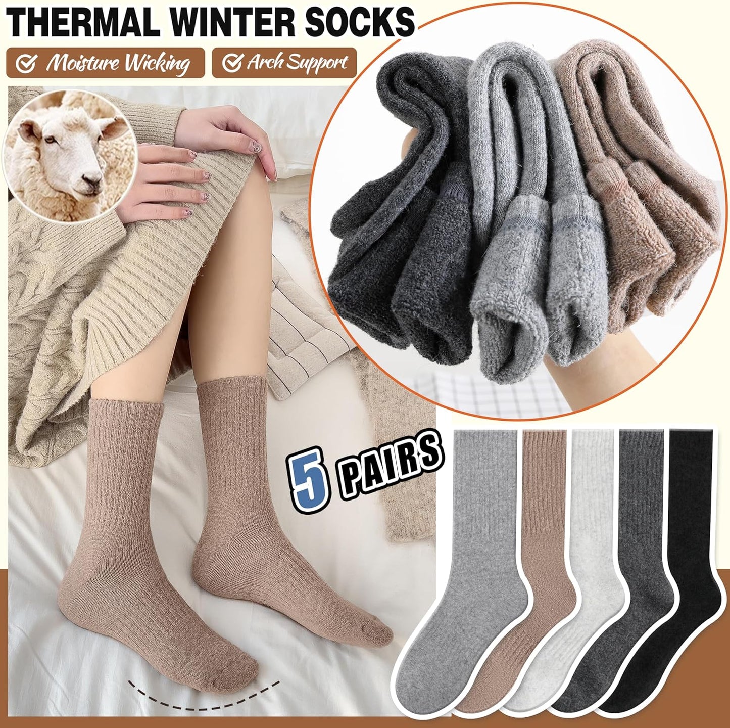 Merino Wool Socks for Women Hiking Thermal Warm Winter Thick Boot Cozy Crew Comfy Work Socks for Ladies 5 Pairs