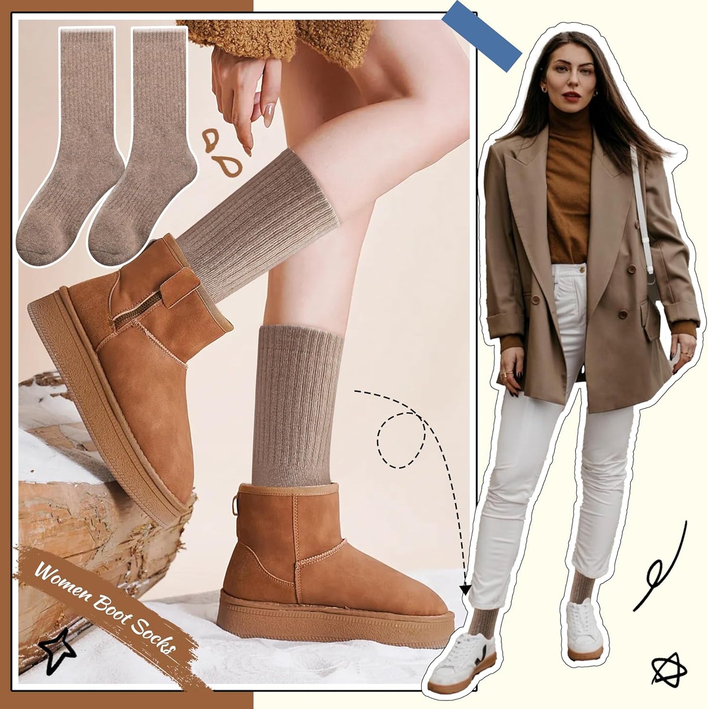 Merino Wool Socks for Women Hiking Thermal Warm Winter Thick Boot Cozy Crew Comfy Work Socks for Ladies 5 Pairs