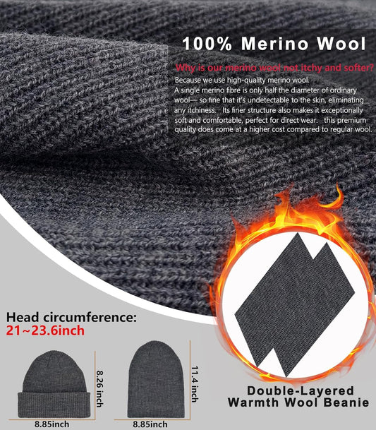 100% Merino Wool Beanie Hat for Women Men, Cuffed Knit Warm Winter Hats,Slouchy Beanies Fisherman Skull Cap Watch Caps