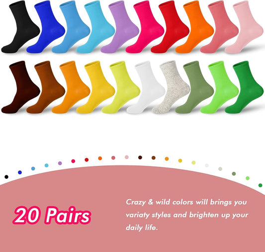 20 Pairs Womens Socks, Solid Color Crew Socks Colorful Lightweight Cotton Athletic Socks