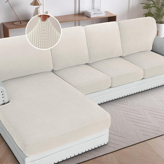 Sectional Couch Covers 8 Pieces Stretch Sofa Covers for Sectional Sofa Set Separate L Shaped Couch Cover for Both Left/Right Couch (Seat and Back: 1 Chaise + 3 Sofa, Ivory) Hover Image