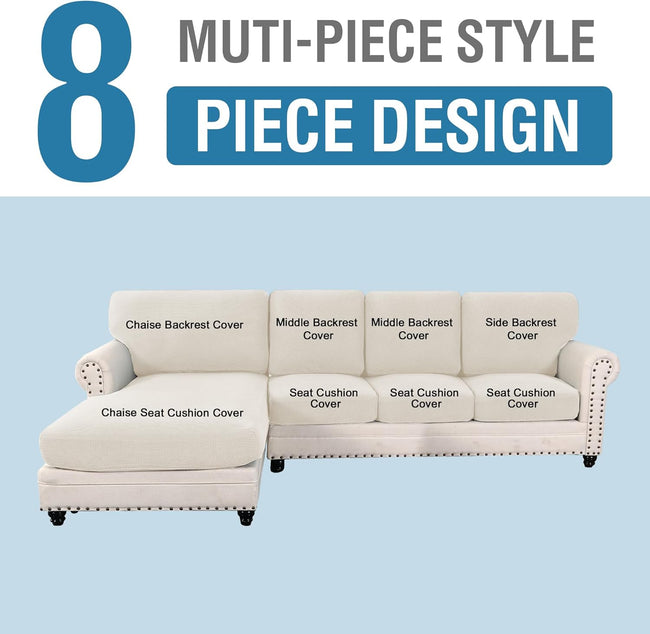 Sectional Couch Covers 8 Pieces Stretch Sofa Covers for Sectional Sofa Set Separate L Shaped Couch Cover for Both Left/Right Couch (Seat and Back: 1 Chaise + 3 Sofa, Ivory) Main Image