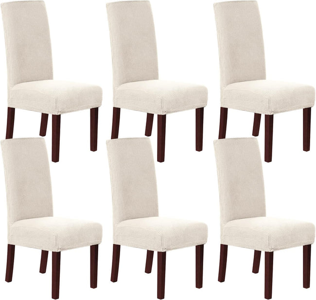Stretch Dining Chair Covers Set of 6 Chair Covers for Dining Room Parsons Chair Slipcover Chair Protectors Covers Dining, Feature Textured Checked Jacquard Fabric, Ivory Hover Image