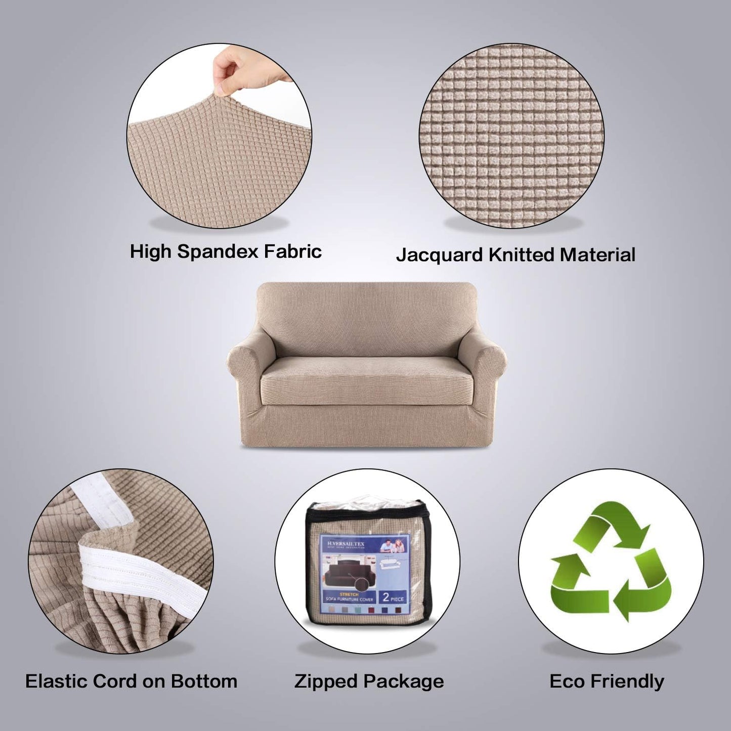 2 Pieces Loveseat Covers Fit Lovesat Width Up to 70 Inch Furniture Cover/Protector, Jacquard Spandex Stretch Loveseat Slipcovers Suit for T Chion/Box Chion (Loveseat, Sand)