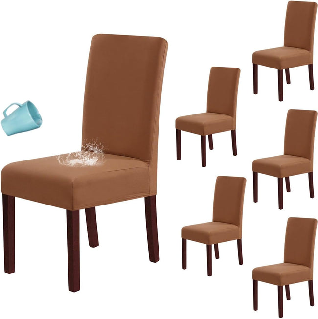 100% Waterproof Dining Chair Covers Stretch Chair Covers for Dining Room Set of 6 Parson Chair Slipcovers Chair Protectors Covers Dining, Soft Thick Solid Fleece Fabric Washable, Camel Hover Image