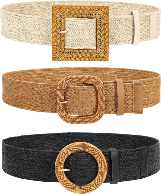 Straw Woven Elastic Stretch Waist Belt, 3 Pack Fashion Ladies Skinny Raffia Boho Dress Braided Belts for Women, Brown Beige Black XL