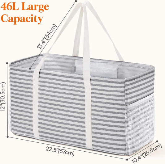 Extra Large Tote Bag, Reable Grocery Bags with Metal Wire Frame and Handles, Standing Utility Foldable Shopping Bags for Storage, Picnics, Beach, Laundry, Car, 46L, 1 Pack, Gray