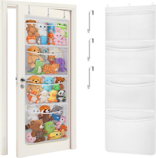 Stuffed Animal Storage, Over the Door Organizer with 5 Expandable Mesh Pockets, Breathable Oxford Fabric Hanging Kid Baby Plh Toy Holder for Nursery, 167 cm (65.8'') High, White, 1 Pack