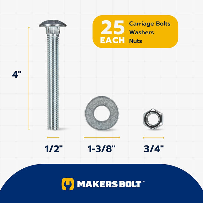 1/2" x 4" (25 Pack) Zinc Carriage Bolt Kit, Grade 307A by Makers Bolt Main Image