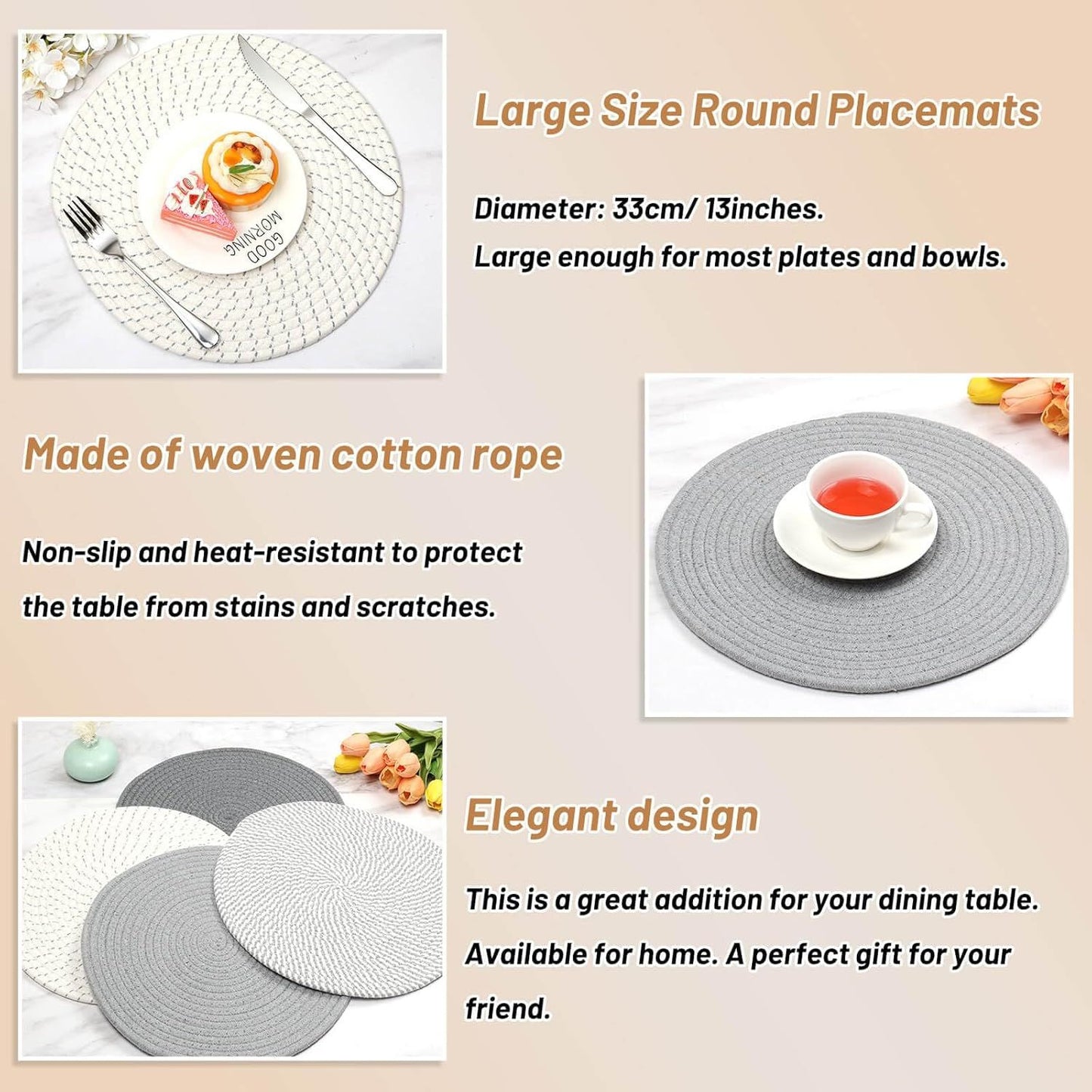 Round Woven Placemats Set of 4, 13 Inches Kitchen Table Place Mats for Dining Table, Trivets for Hot Pots and Pans, Boho Table Decorations for Table Setting, Tabletop Accessories