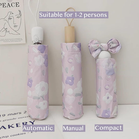 Women's Purple Floral Auto-open Sun & Rain Umbrella, UV Protection Compact Travel Umbrellas UPF 50+ with Cover Bag