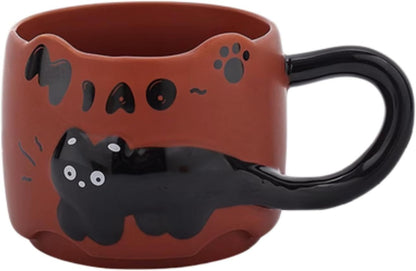 13 Oz Embossed Ceramic Cute Cat Coffee Mug Tea Mug, Creative Couple Family Cup with Handle for Home Office (red,13 Oz)