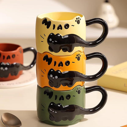13 Oz Embossed Ceramic Cute Cat Coffee Mug Tea Mug, Creative Couple Family Cup with Handle for Home Office (red,13 Oz)