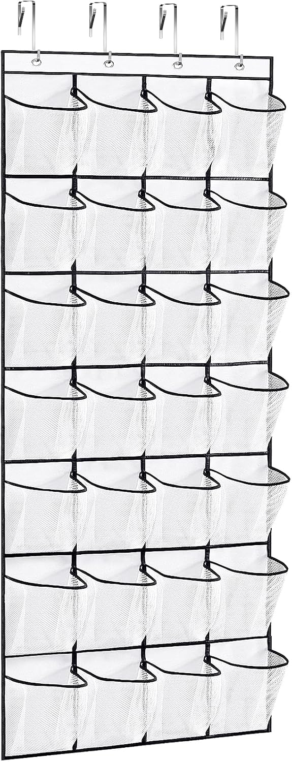 28Large Pockets Over The Door Shoe Organizer, Hanging Shoe Organizer for Closet, Premium Clear Shoe Rack for Door, Shoes Hanger Organizers Storage Holder for Back of Door and 4Metal Hook White. Hover Image