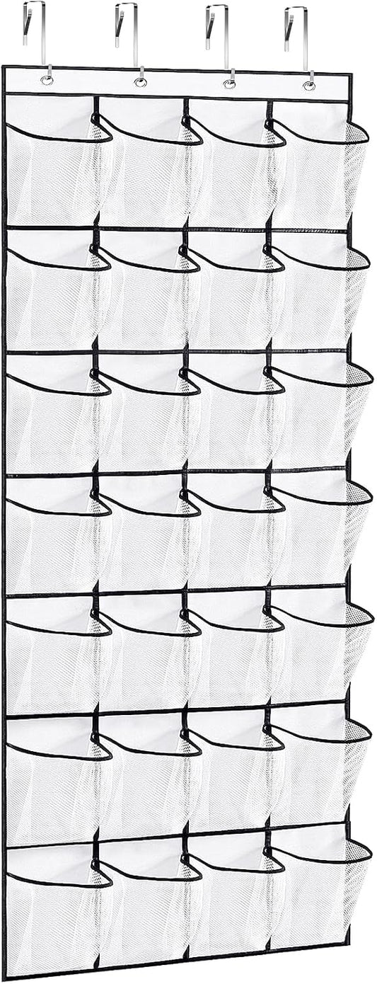 28Large Pockets Over The Door Shoe Organizer, Hanging Shoe Organizer for Closet, Premium Clear Shoe Rack for Door, Shoes Hanger Organizers Storage Holder for Back of Door and 4Metal Hook White
