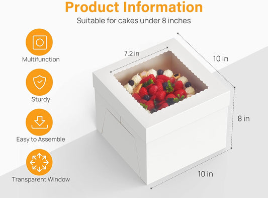 15pcs Cake Boxes, 10x10x8 Inches Tall Cake Box with Window, White Bakery Boxes, Large Baking Boxes, Square Cardboard Cake Box for Multi-Layer Cakes, Cake Decorating Supplies for Gift Giving