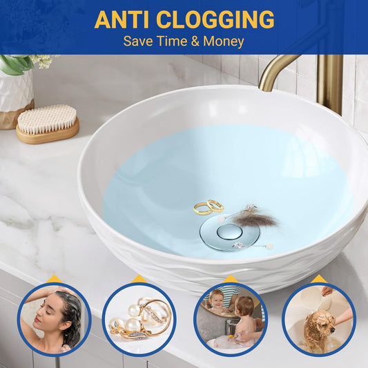 2PCS Bathroom Sink Stopper Strainer, Pop-Up Bathroom Sink Drain Strainer with Removable Stainless Steel Hair Catcher Basket, Universal Fit for US Bathroom Sinks, Bathtubs, Showers & Floor Drains
