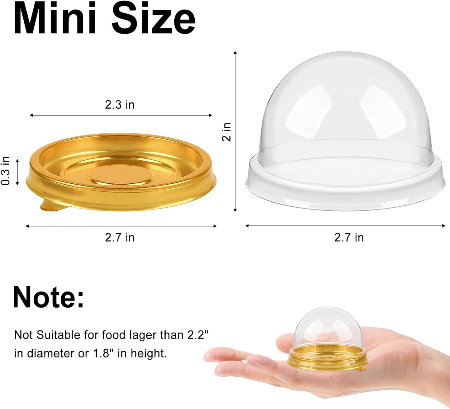 50 Pack Mini Cake Containers, Clear Plastic Small Cupcake Boxes with Dome Lids for Individual Chocolate Covered Cookies, Strawberry, Mooncake (Gold)