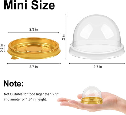 50 Pack Mini Cake Containers, Clear Plastic Small Cupcake Boxes with Dome Lids for Individual Chocolate Covered Cookies, Strawberry, Mooncake (Gold)