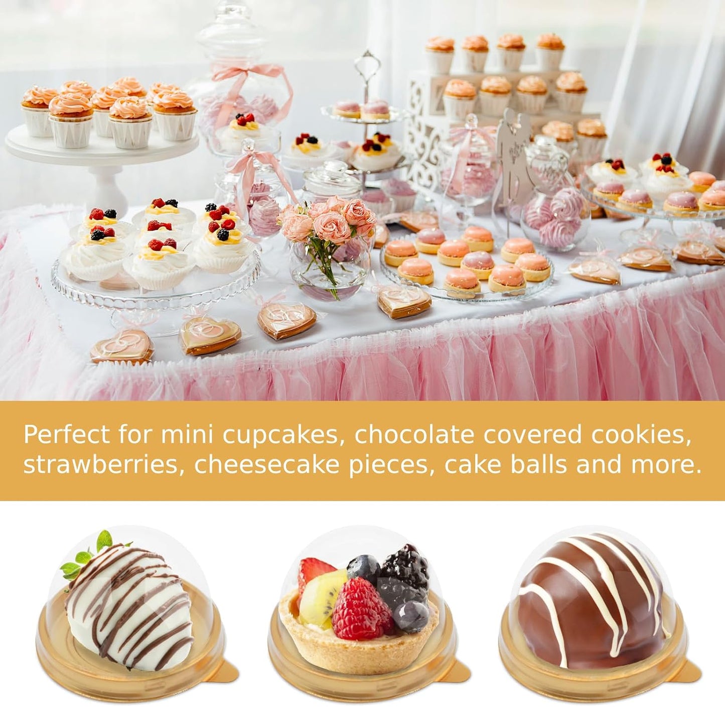 50 Pack Mini Cake Containers, Clear Plastic Small Cupcake Boxes with Dome Lids for Individual Chocolate Covered Cookies, Strawberry, Mooncake (Gold)