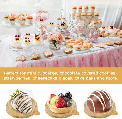 50 Pack Mini Cake Containers, Clear Plastic Small Cupcake Boxes with Dome Lids for Individual Chocolate Covered Cookies, Strawberry, Mooncake (Gold)