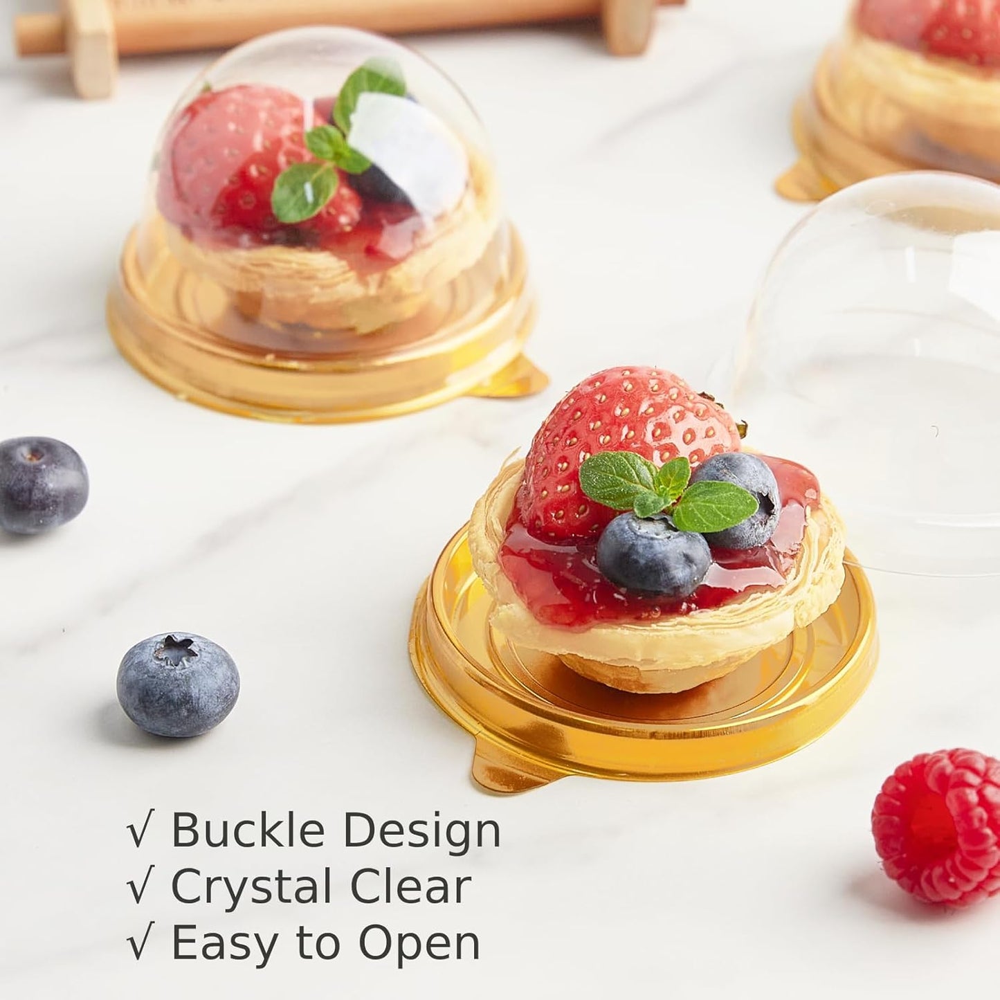 50 Pack Mini Cake Containers, Clear Plastic Small Cupcake Boxes with Dome Lids for Individual Chocolate Covered Cookies, Strawberry, Mooncake (Gold)