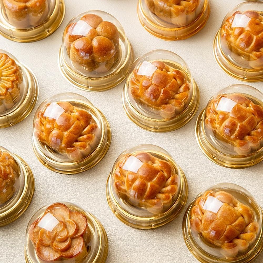 50 Pack Mini Cake Containers, Clear Plastic Small Cupcake Boxes with Dome Lids for Individual Chocolate Covered Cookies, Strawberry, Mooncake (Gold)