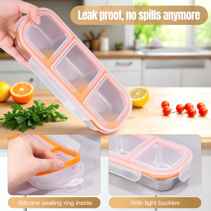 Stainless Steel Snack Containers - Reusable 3 Compartment Snackle Box Container with Lids for Kids Adults, Divided Snack Food Storage Containers for School, Home, Travel